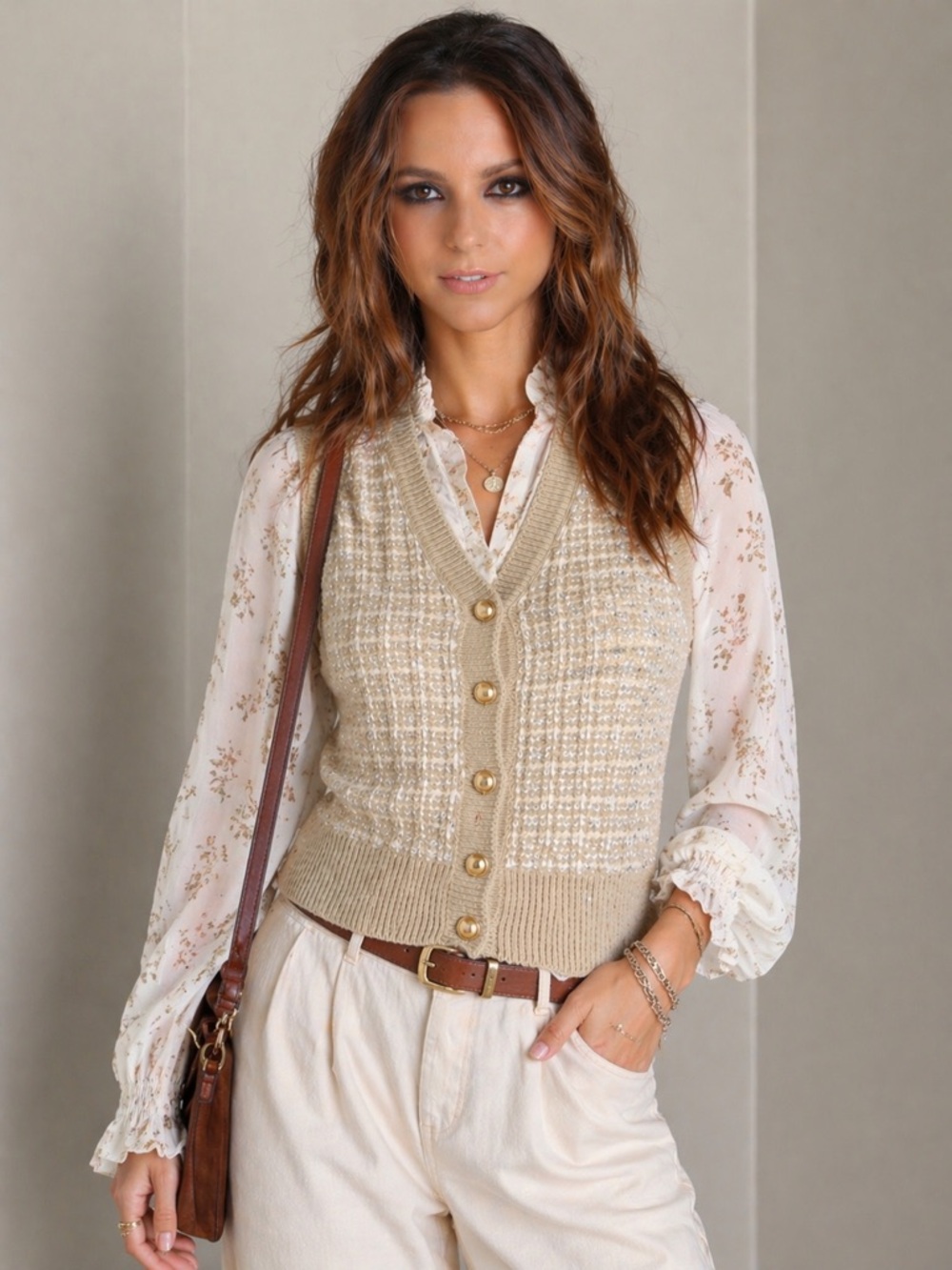 NWT Greige Cream Quilted Sequin Knit Sweater Vest with Gold Buttons Size:Large